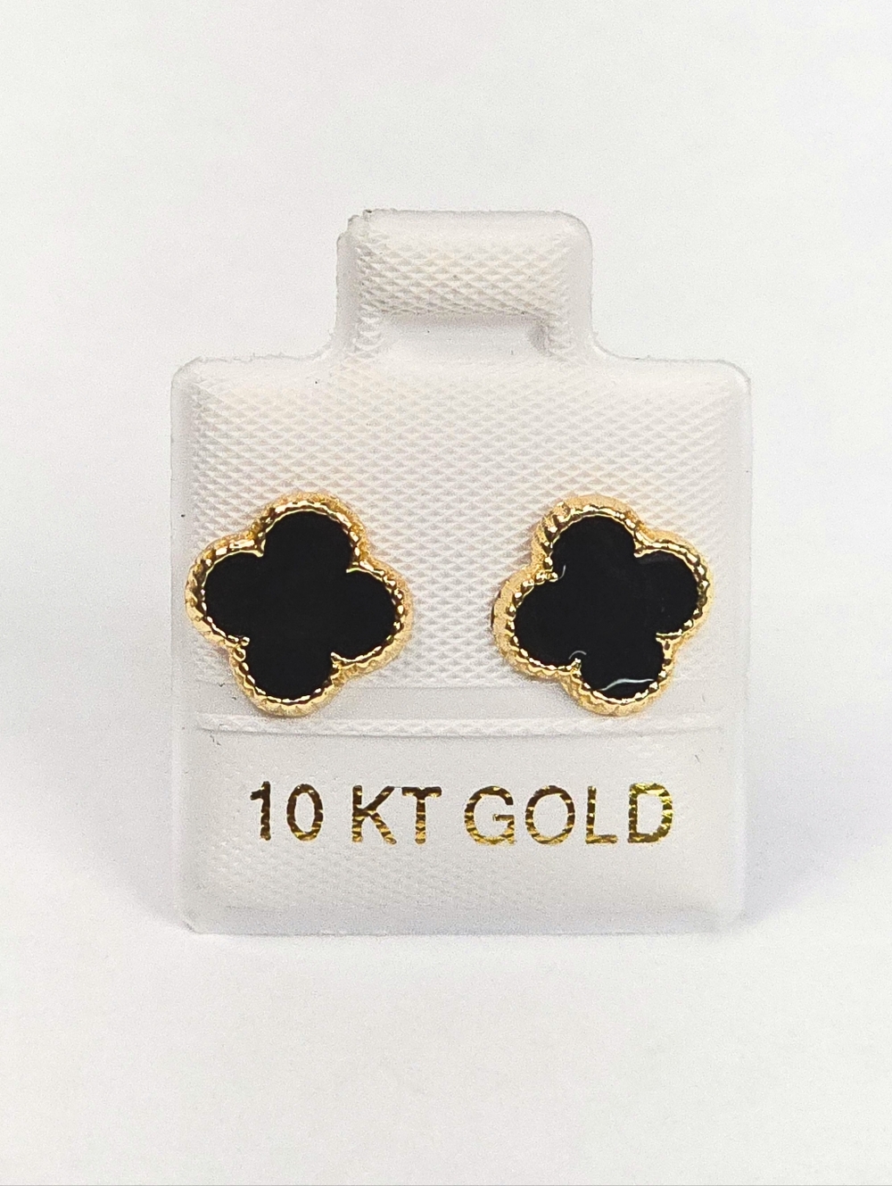 Van Four Leaf Black Enamel Stud Earrings Inspired 10K Solid Gold 9.5mm
